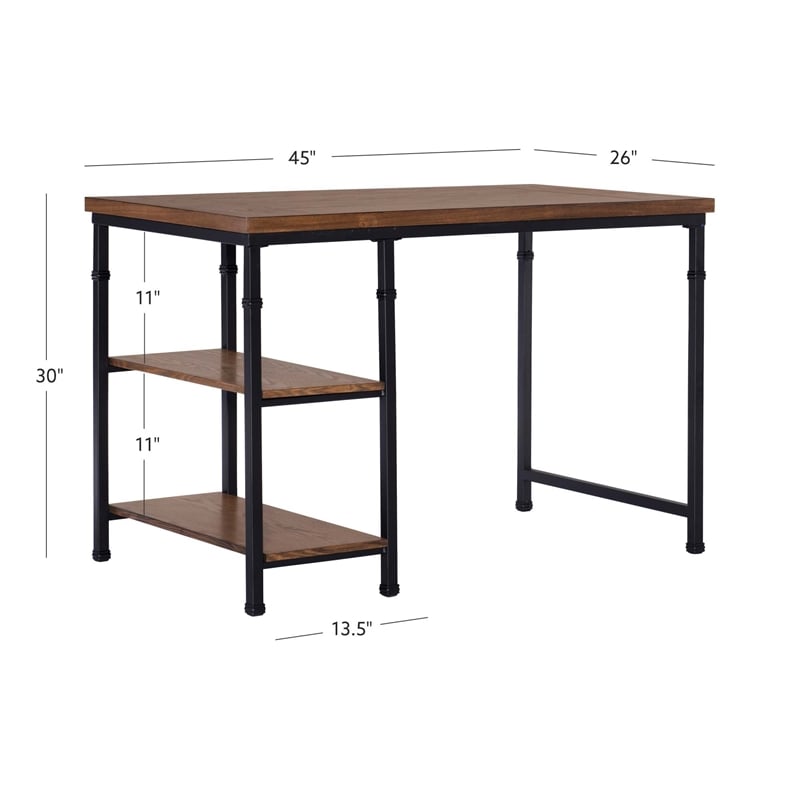 Linon Austin Sturdy Rustic Desk with 2 Wood Shelves and Metal Frame in Black