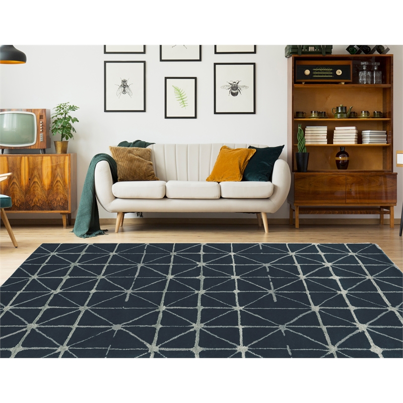 Linon Aspire Triangle Hand Tufted Wool 8'x11' Rug in Navy