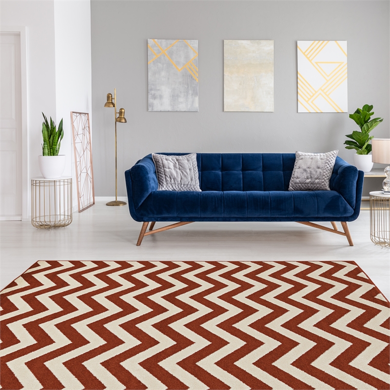 Linon Claremont Chevron Power Loomed Polypropylene 8'x10' Rug in Terracotta Red