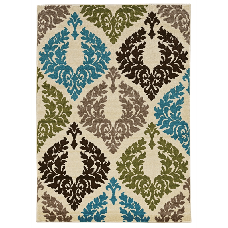 Linon Claremont Damask Power Loomed Polypropylene 8'x10' Rug in Ivory