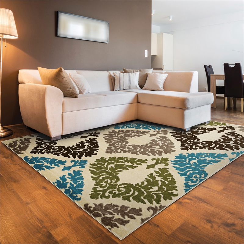 Linon Claremont Damask Power Loomed Polypropylene 8'x10' Rug in Ivory