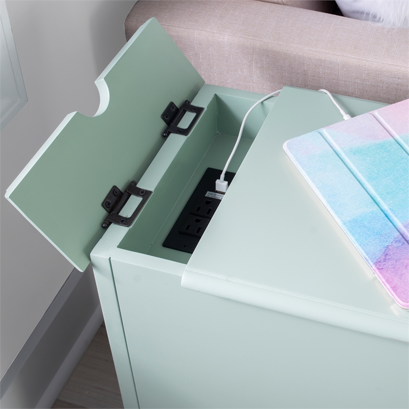 Linon Bartow Multi Function Storage Accent Table USB Charging in Aqua Blue Wood