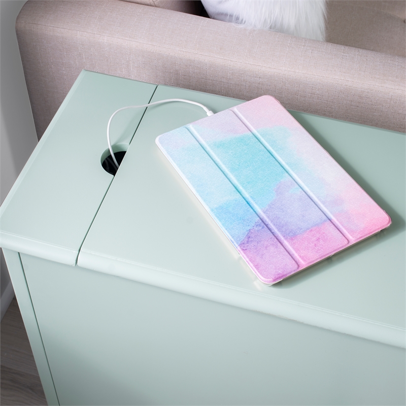 Linon Bartow Multi Function Storage Accent Table USB Charging in Aqua Blue Wood