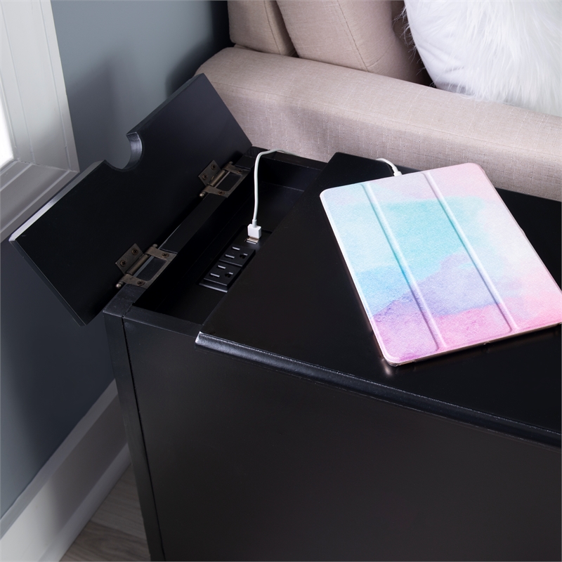 Linon Bartow Multi Function Storage Accent Table Charging Station in Black Wood