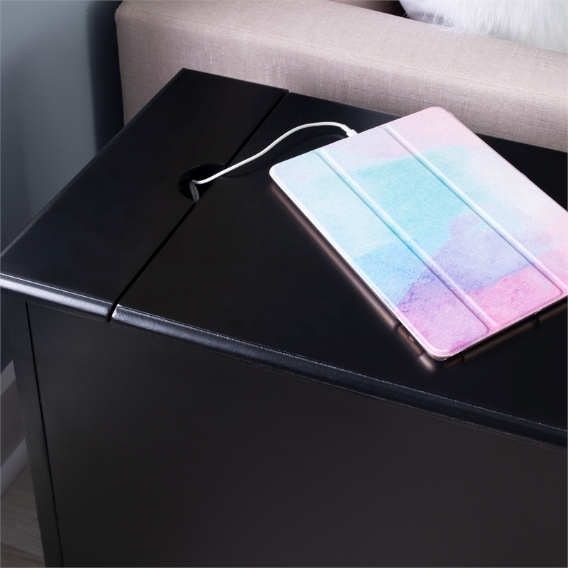 Linon Bartow Multi Function Storage Accent Table Charging Station in Black Wood
