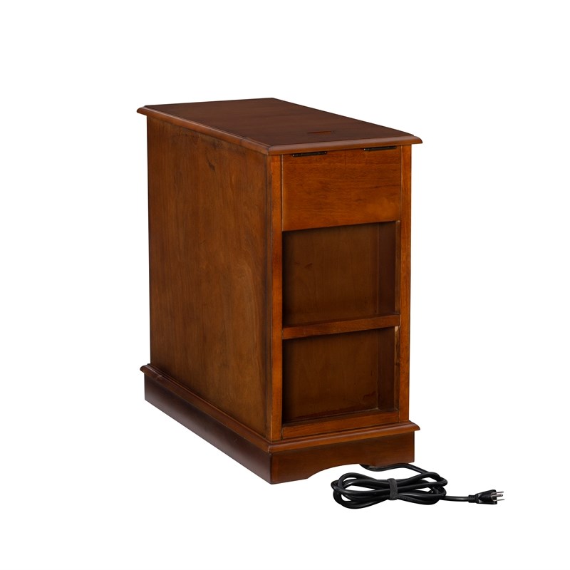 Linon Bartow Multi Function Storage Side Table Charging Station in Hazelnut Wood