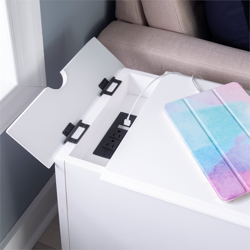 Linon Bartow Multi Function Storage Accent Table Charging Station in White Wood