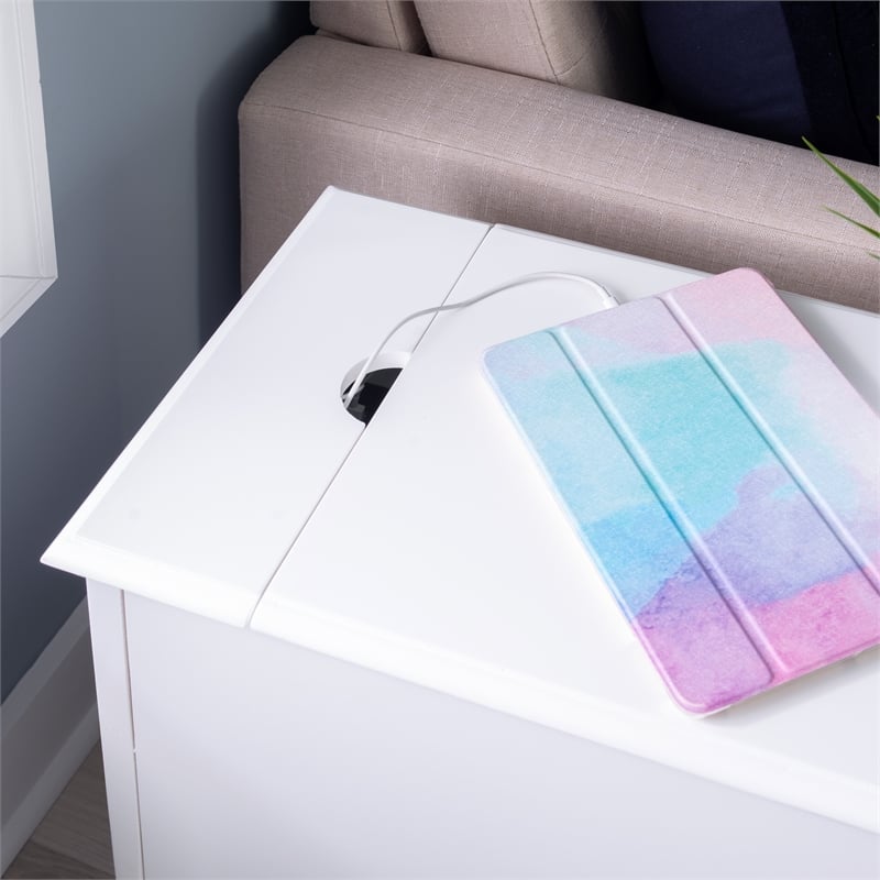 Linon Bartow Multi Function Storage Accent Table Charging Station in White Wood