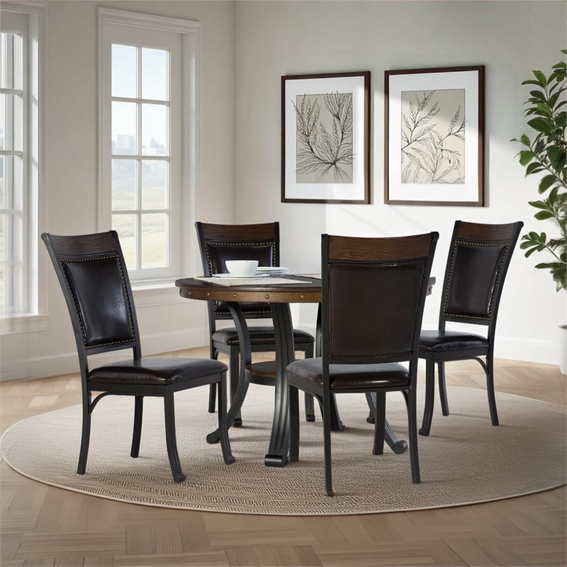 Linon Franklin 5 Piece Wood/Metal Faux Leather Dining Set in Rustic Umber Brown