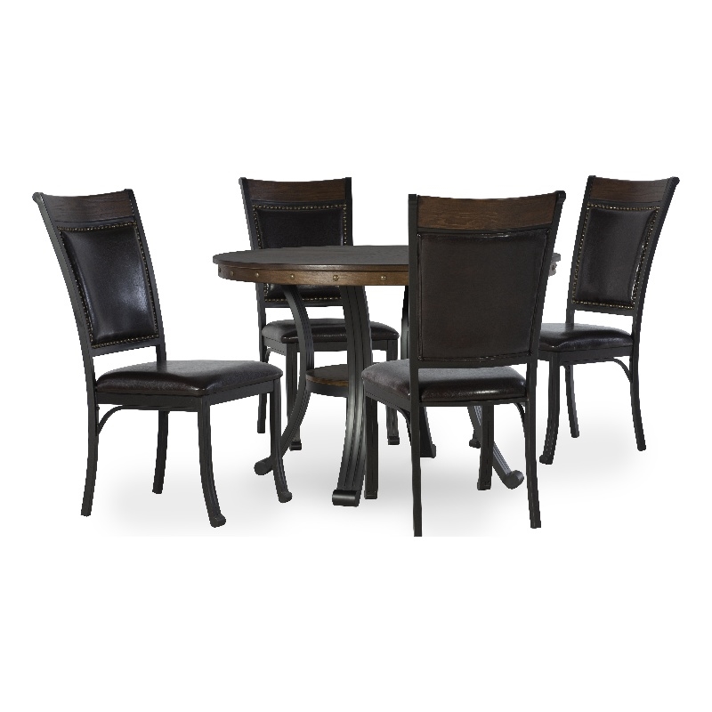 Linon Franklin 5 Piece Wood/Metal Faux Leather Dining Set in Rustic Umber Brown