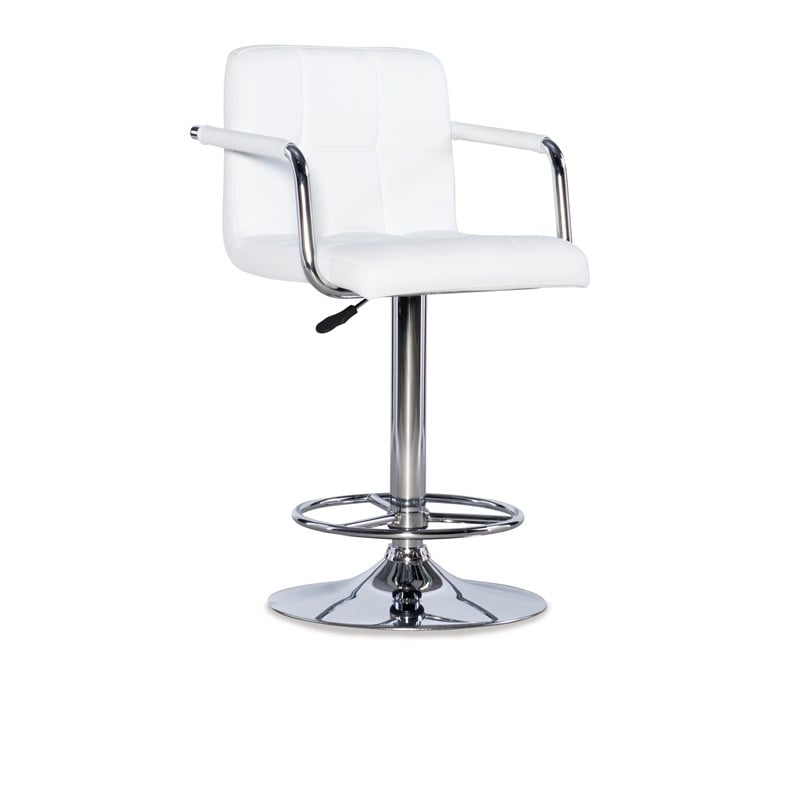 Linon White Quilted Faux Leather Gas-Lift Adjustable Swivel Bar Stool in Chrome