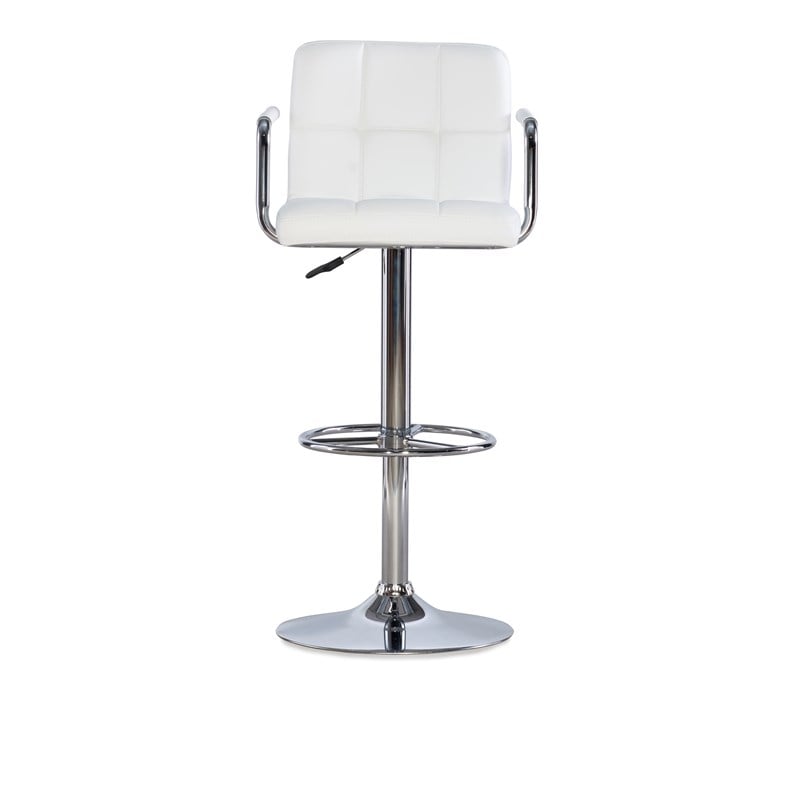 Linon White Quilted Faux Leather Gas-Lift Adjustable Swivel Bar Stool in Chrome