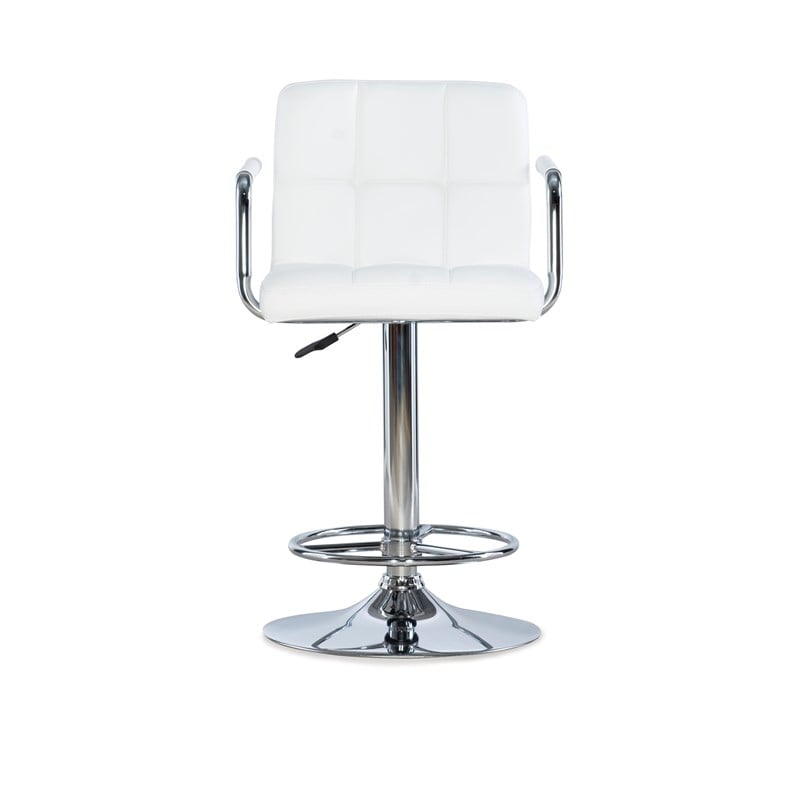 Linon White Quilted Faux Leather Gas-Lift Adjustable Swivel Bar Stool in Chrome