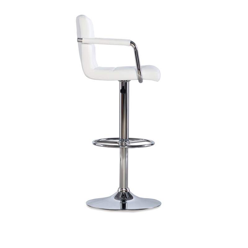 Linon White Quilted Faux Leather Gas-Lift Adjustable Swivel Bar Stool in Chrome