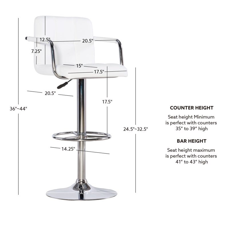 Linon White Quilted Faux Leather Gas-Lift Adjustable Swivel Bar Stool in Chrome