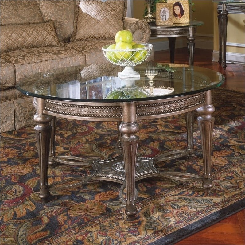 Magnussen Galloway Round Glass Top Cocktail Table with Pewter Finish
