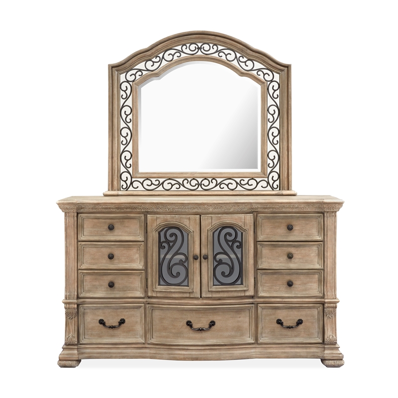 Magnussen Home Marisol Fawn Drawer Dresser With Shaped Mirror in Fawn Finish