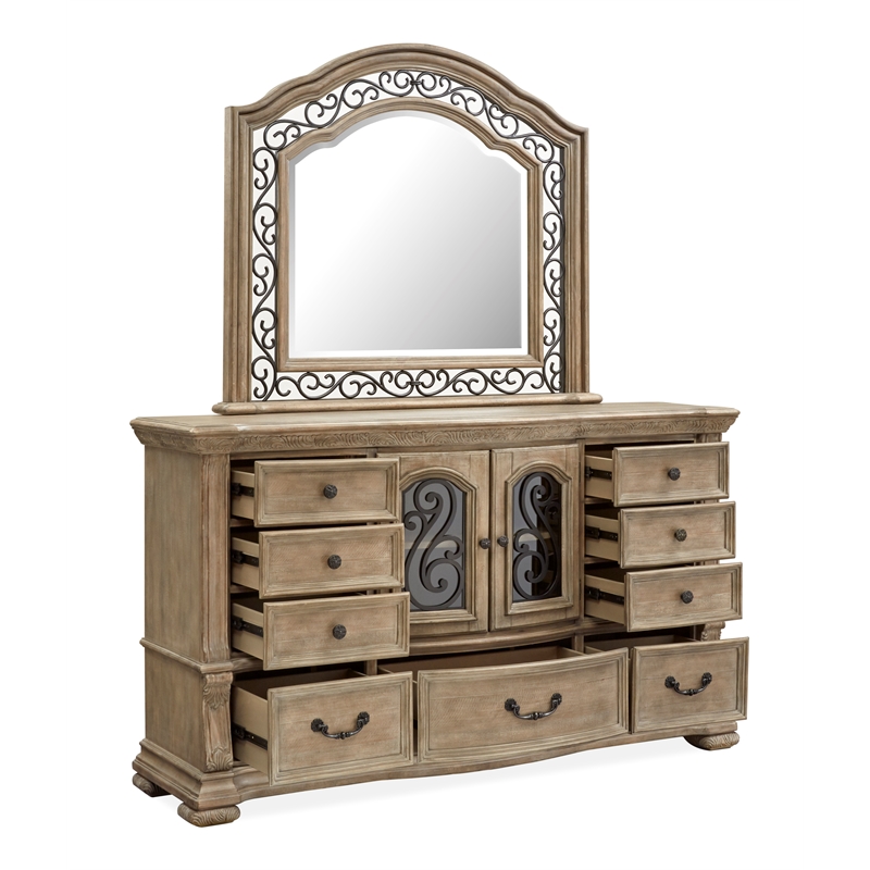 Magnussen Home Marisol Fawn Drawer Dresser With Shaped Mirror in Fawn Finish