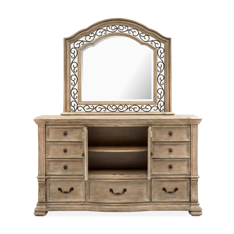 Magnussen Home Marisol Fawn Drawer Dresser With Shaped Mirror in Fawn Finish