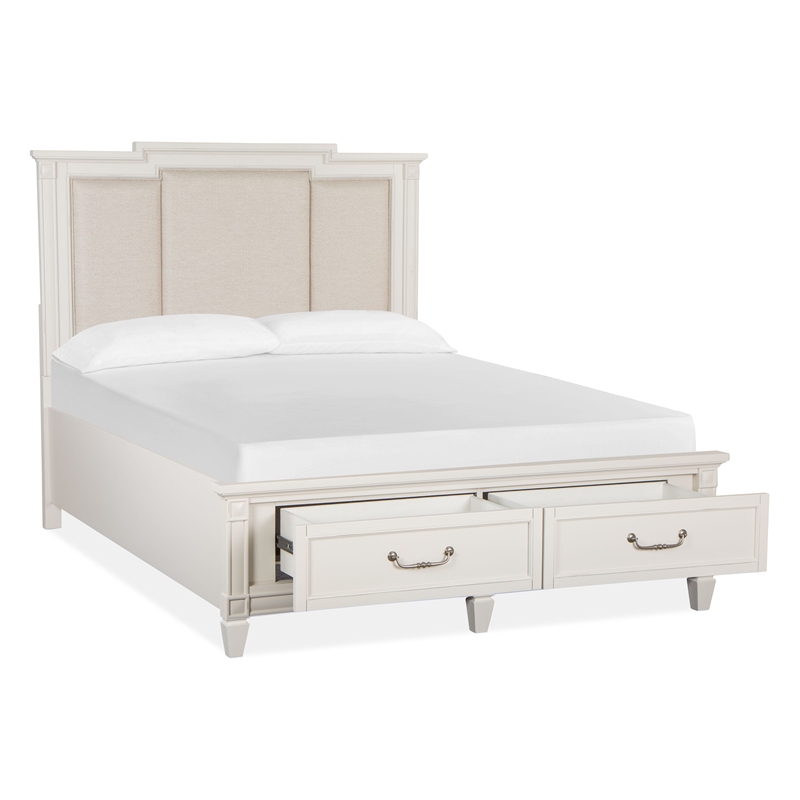 Magnussen Home Willowbrook Egg Shell White Queen Panel Upholstered Storage Bed