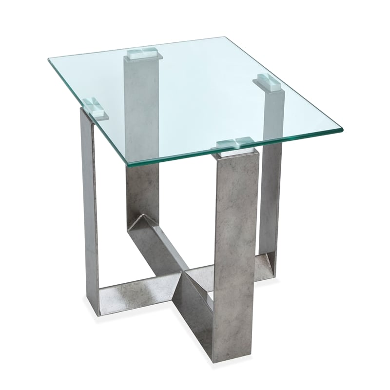 Magnussen Home Holden Rectangular End Table in Aged Pewter And Chrome Pucks