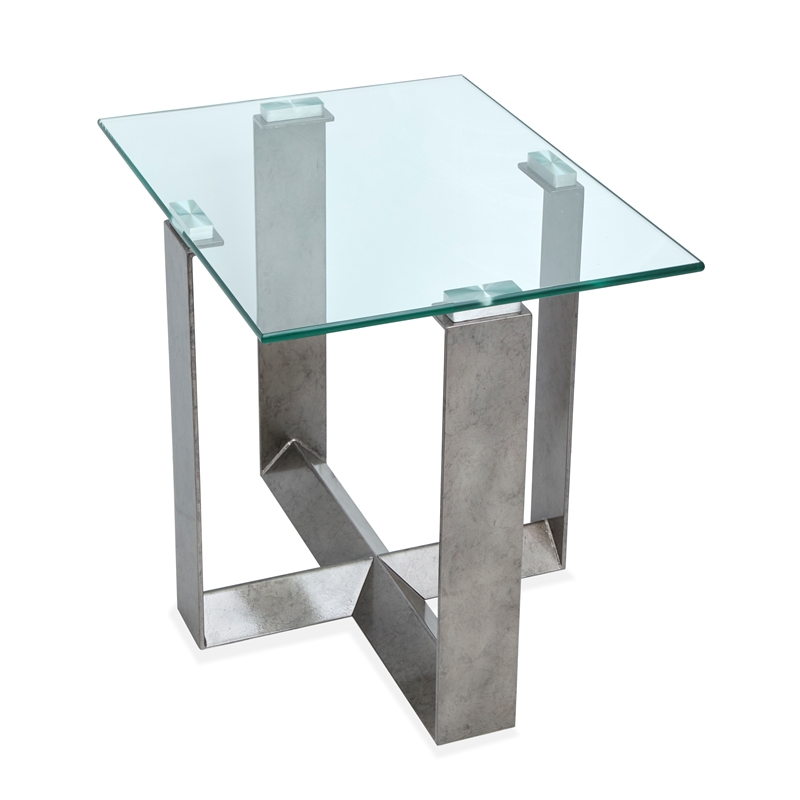 Magnussen Home Holden Rectangular End Table in Aged Pewter And Chrome Pucks