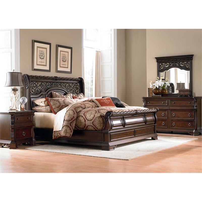 Arbor Place Dark Brown Queen Sleigh Bed - Dresser & Mirror - Night Stand
