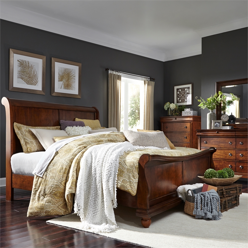 Rustic Traditions Cherry King Sleigh Bed - Dresser & Mirror - Chest