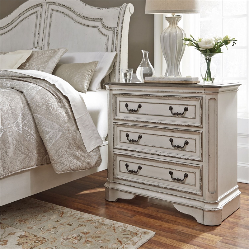 Magnolia Manor White 3 Drawer Bedside Chest w/ Charging Station