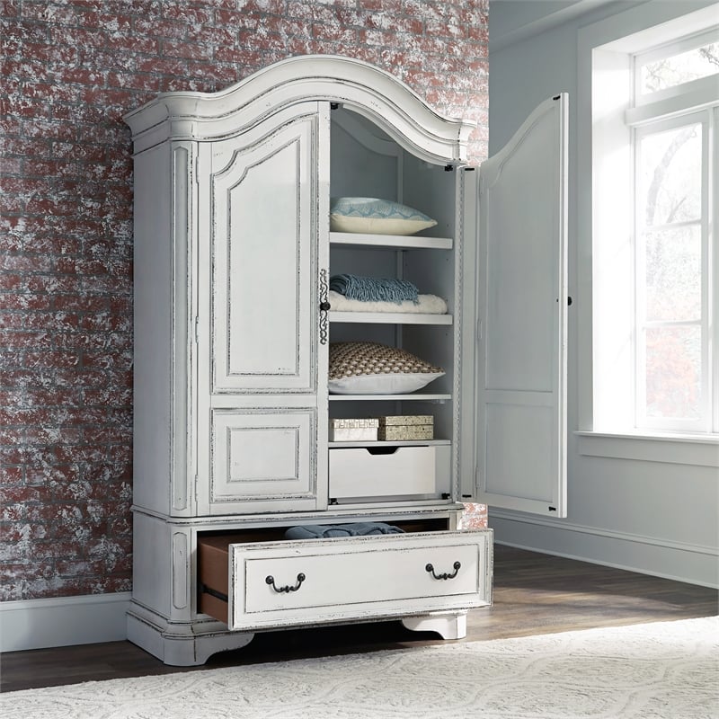 2 Piece Vinage Distressed Armoire and Dresser Mirror Set in White