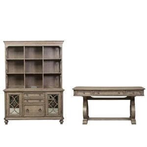 3 Piece Office Set of Credenza with Hutch and Desk in Washed Gray