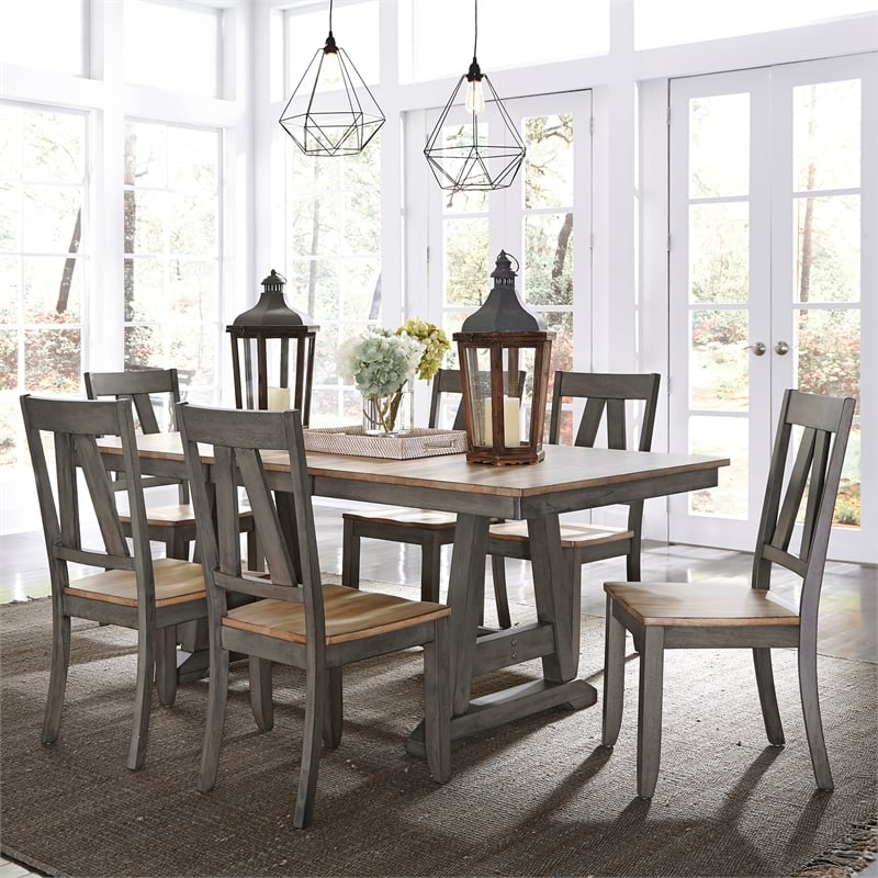 Lindsey Farm Light Gray 7 Piece Trestle Table Set