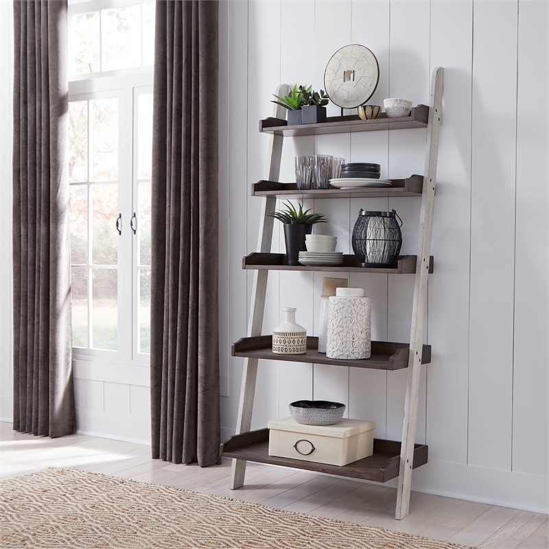 Farmhouse Transitional Rubberwood White Leaning Bookcase with 5 Shelves