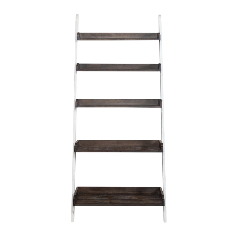 Farmhouse Transitional Rubberwood White Leaning Bookcase with 5 Shelves