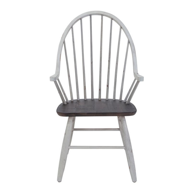 Farmhouse Transitional Rubberwood White Windsor Back Arm Chair