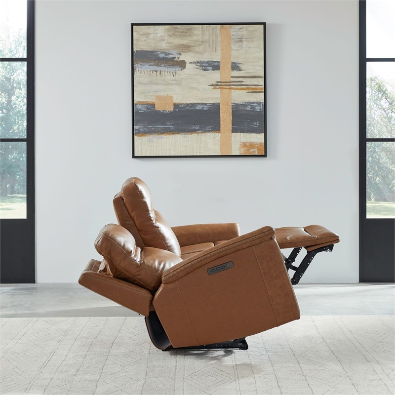 Liberty Furniture Cooper Transitional Leather Power Reclining Sofa in Camel