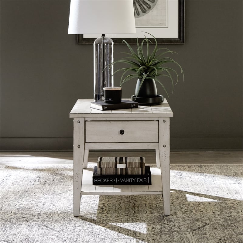 Lake House End Table in Weathered White