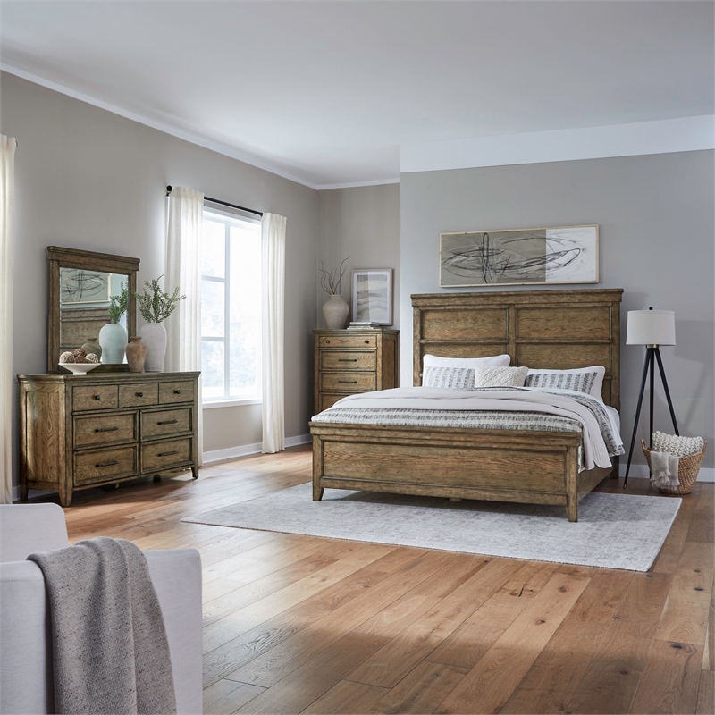 Liberty Furniture Carolina Park Queen Panel Bed Dresser & Mirror Chest - Brown