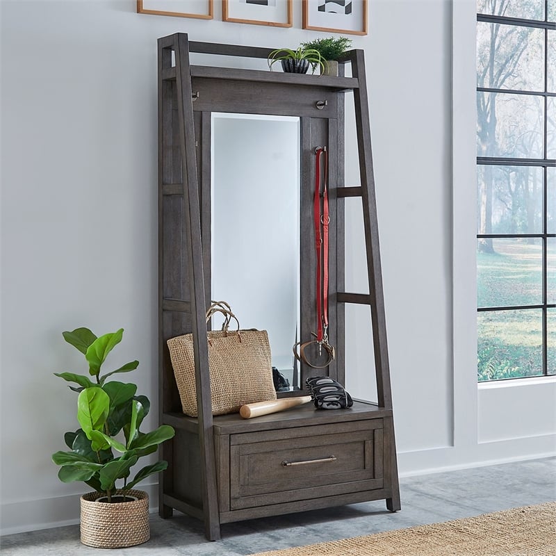 Liberty Furniture Modern Farmhouse 2 Piece Mirror Hall Tree Storage Set - Gray