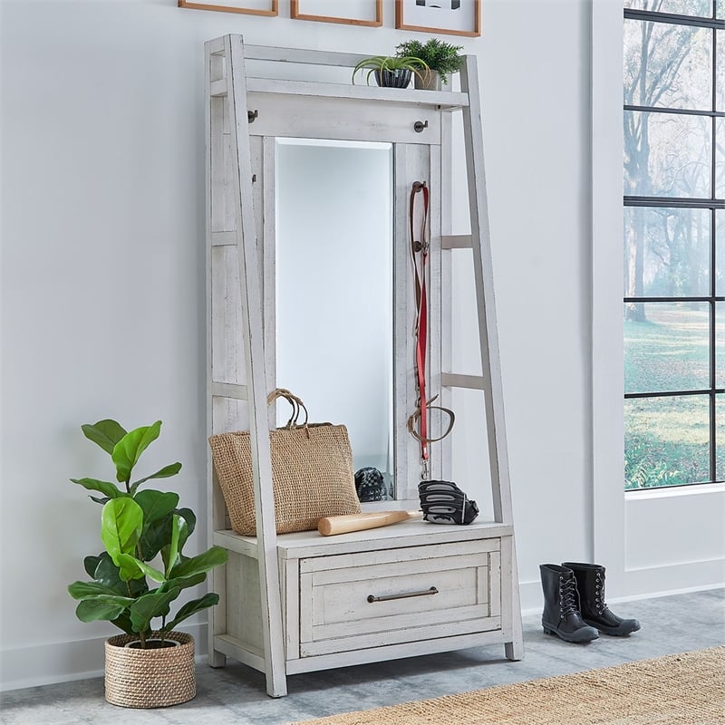 Liberty Furniture Modern Farmhouse 2 Piece Mirror Hall Tree Storage Set - White