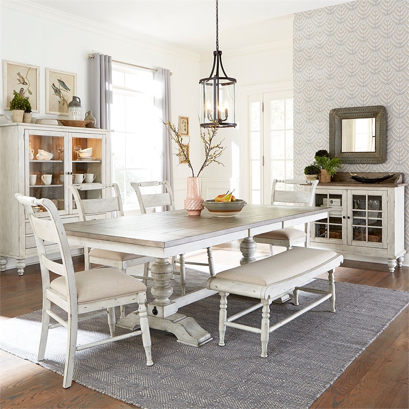 Liberty Furniture Whitney 6 Piece Trestle Dining Room Table Set - White Oak Wood