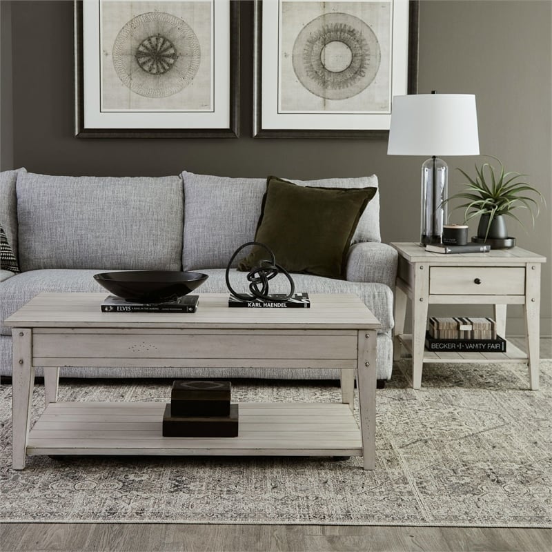Liberty Furniture Lake House Opt 3 Piece Living Room Set Coffee Table & 2 End Tables Weathered White Oak Wood
