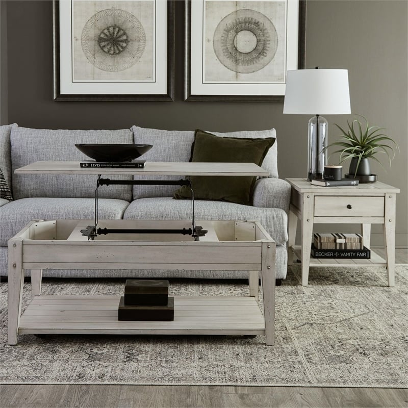 Liberty Furniture Lake House Opt 3 Piece Living Room Set Coffee Table & 2 End Tables Weathered White Oak Wood