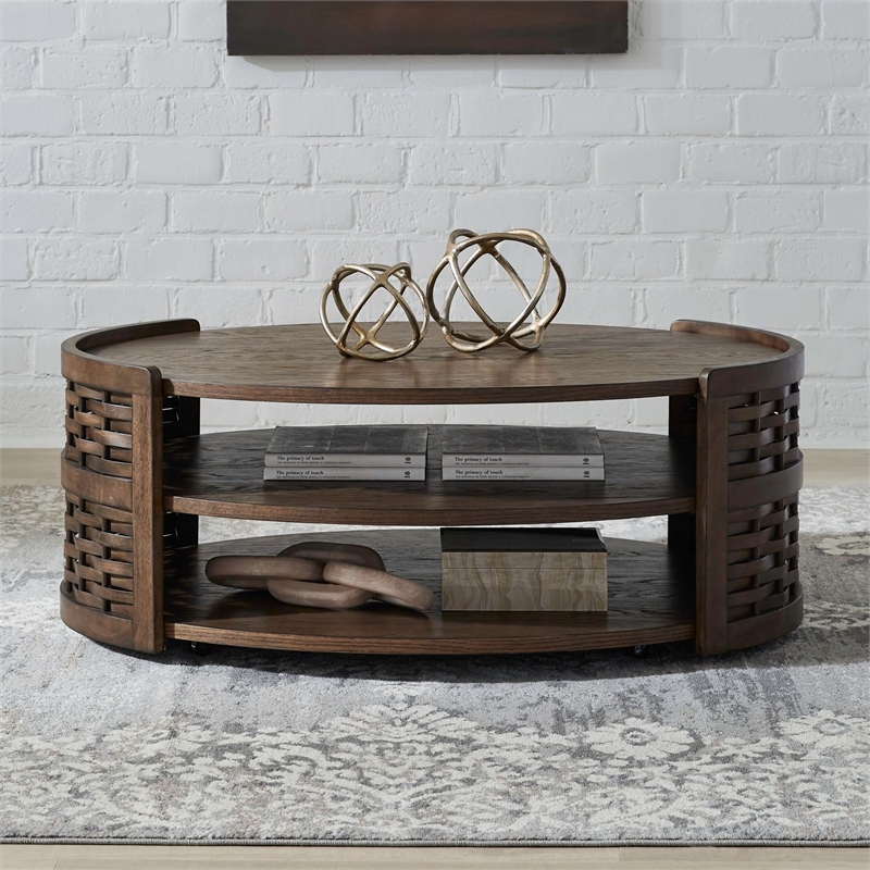 Liberty Furniture Warren Park Living Room Oval Cocktail Table - Brown Oak Wood