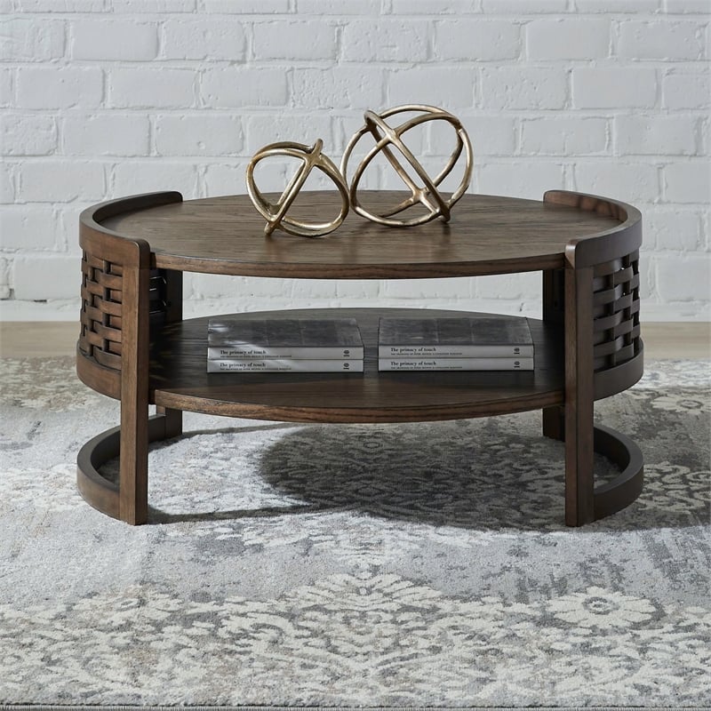 Liberty Furniture Warren Park Living Room Round Cocktail Table - Brown Oak Wood