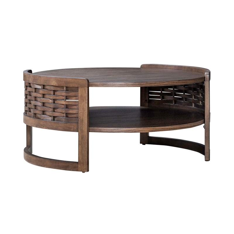 Liberty Furniture Warren Park Opt 3 Piece Living Room Set Round Cocktail Table & 2 End Tables - Brown Oak Wood