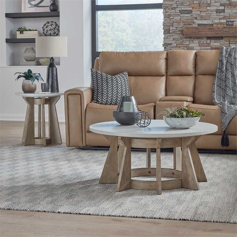 Liberty Furniture Berkly Opt 3 Piece Living Room Set Round Cocktail Table & 2 End Tables - Khaki Brown Wood