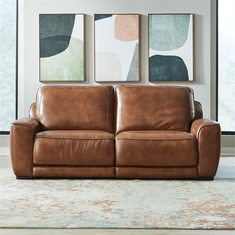 Liberty Furniture Blake Power Reclining Sofa - Honey Brown Leather