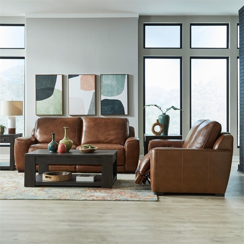 Liberty Furniture Blake Sofa & Loveseat Power Reclining Set - Brown Leather