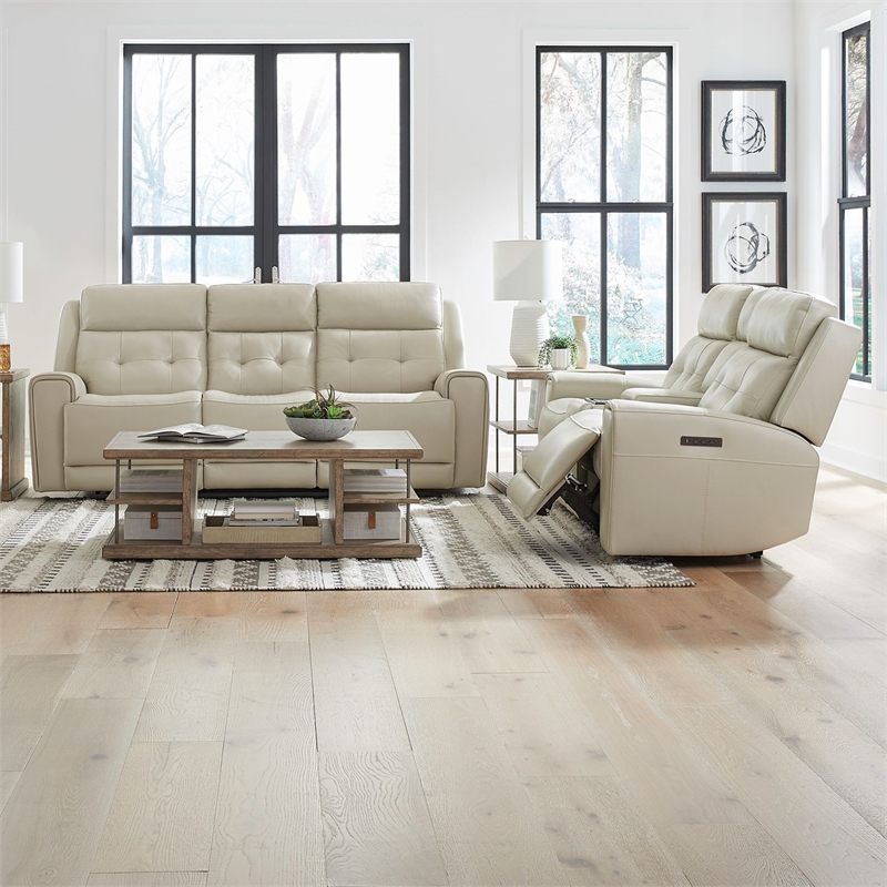 Liberty Furniture Carrington Sofa & Loveseat Reclining Set - Stone Cream Leather